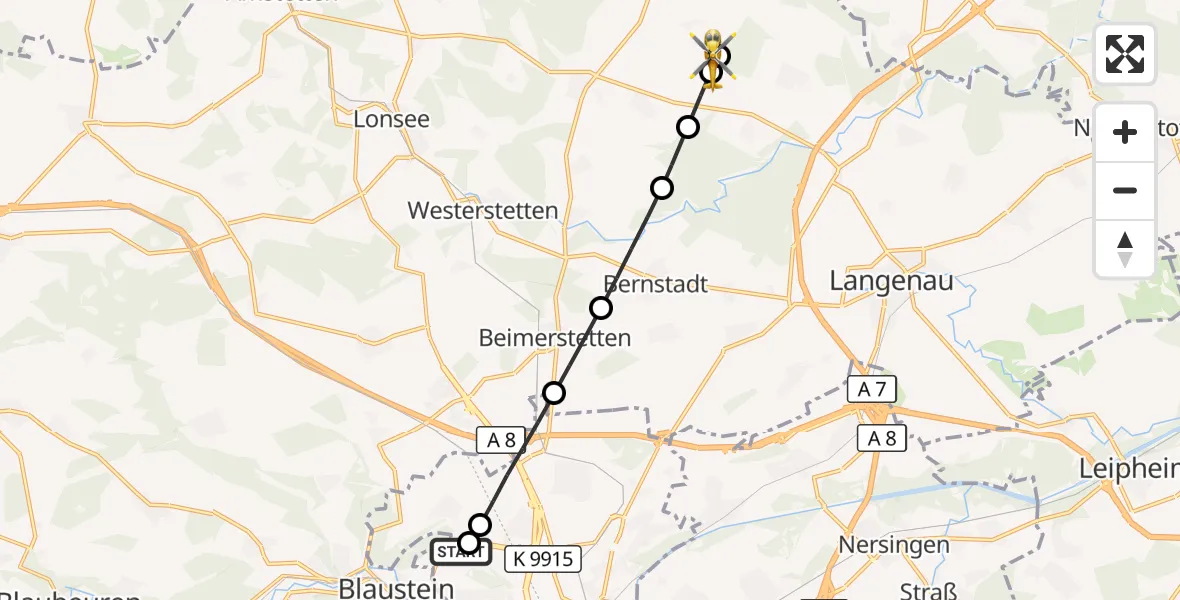 Flugroute Rettungshubschrauber Ulm Military Hospital Emergency - Altheim (Alb), 25 September 2026, 07:07