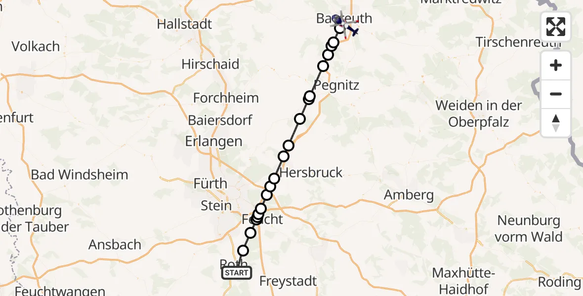 Flugroute Polizeihubschrauber Roth - Bayreuth, 25 September 2026, 07:09
