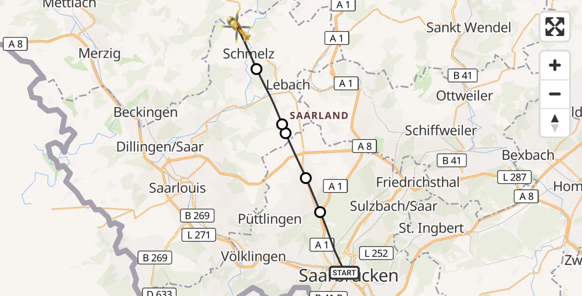 Flugroute Rettungshubschrauber Saarbrücken - Schmelz, 25 September 2026, 07:21