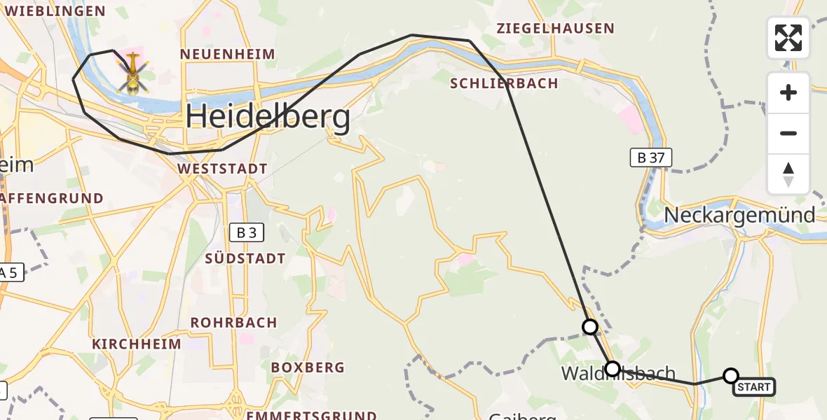 Flugroute Rettungshubschrauber Wiesenbach - Heidelberg, 25 September 2026, 07:27