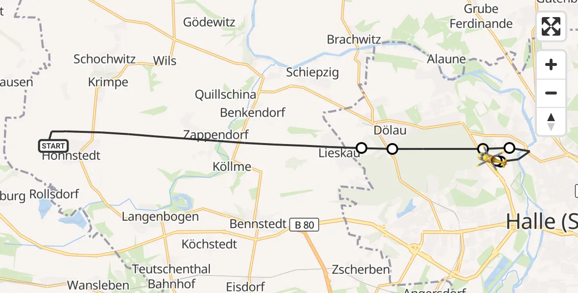 Flugroute Rettungshubschrauber Salzatal - Halle (Saale) University Hospital, 25 September 2026, 07:38