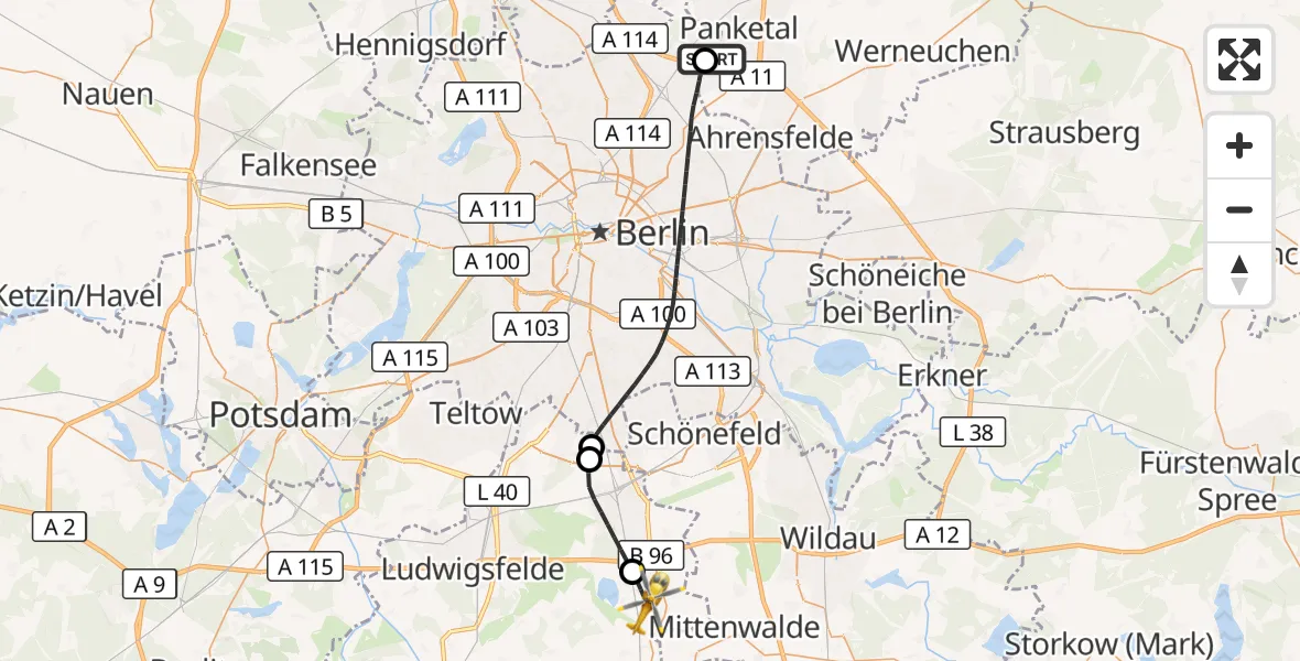 Flugroute Rettungshubschrauber Helios Clinic Berlin-Buch - Rangsdorf, 25 September 2026, 07:45