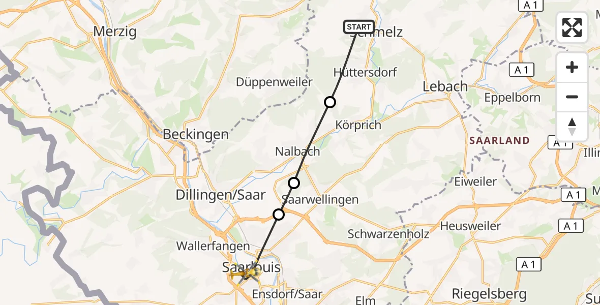Flugroute Rettungshubschrauber Schmelz - Saarlouis, 25 September 2026, 08:07