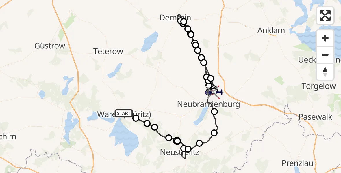 Flugroute Polizeihubschrauber Waren (Müritz) - Neubrandenburg Trollenhagen Flughafen, 25 September 2026, 08:07