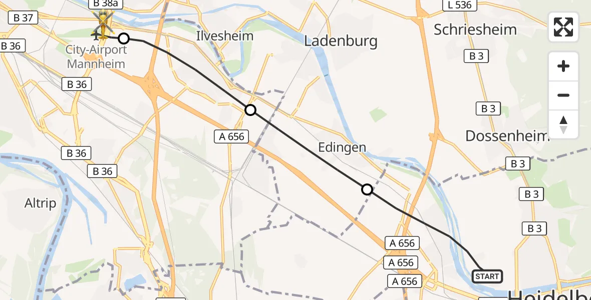 Flugroute Rettungshubschrauber Heidelberg - Mannheim-City Flughafen, 25 September 2026, 08:10