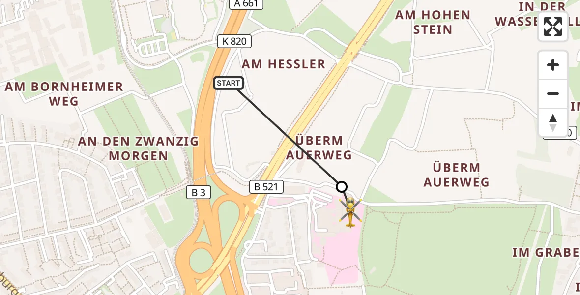 Flugroute Rettungshubschrauber Frankfurt am Main Accident Hospital Roof - Frankfurt am Main Accident Hospital Roof Helipad (CHX2), 25 September 2026, 08:18