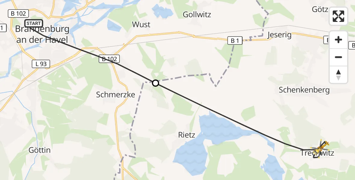 Flugroute Rettungshubschrauber Brandenburg an der Havel - Kloster Lehnin, 25 September 2026, 08:23