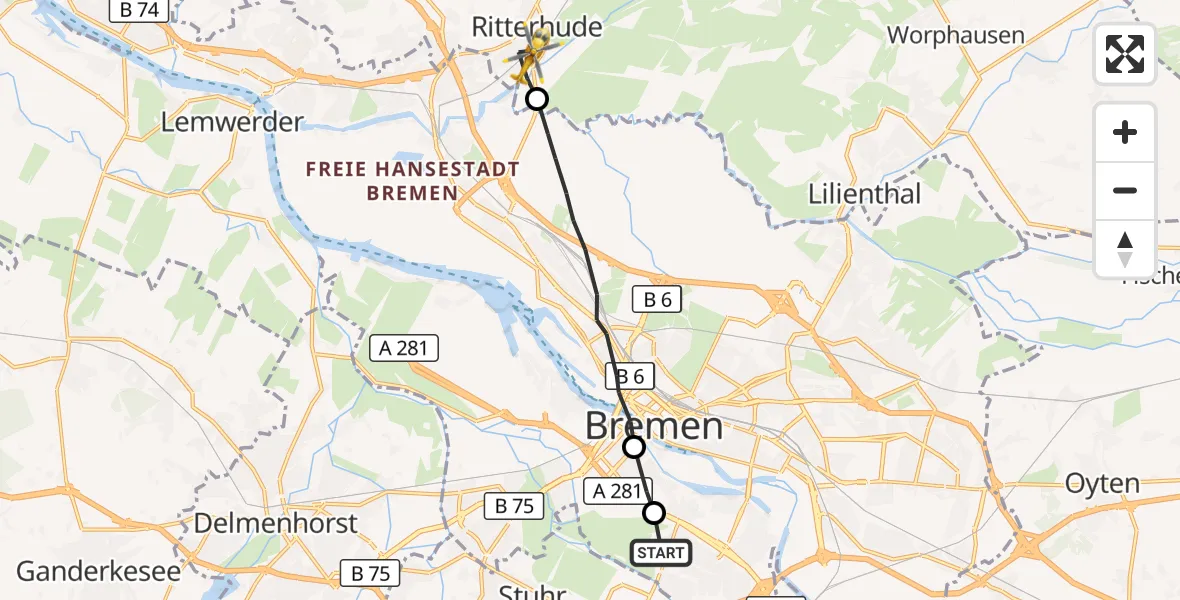 Flugroute Rettungshubschrauber Bremen - Ritterhude, 25 September 2026, 08:26