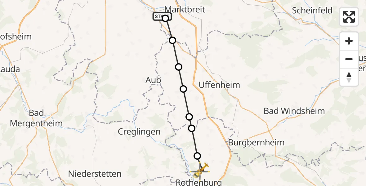 Flugroute Rettungshubschrauber Ochsenfurt Hospital - Steinsfeld, 25 September 2026, 08:28