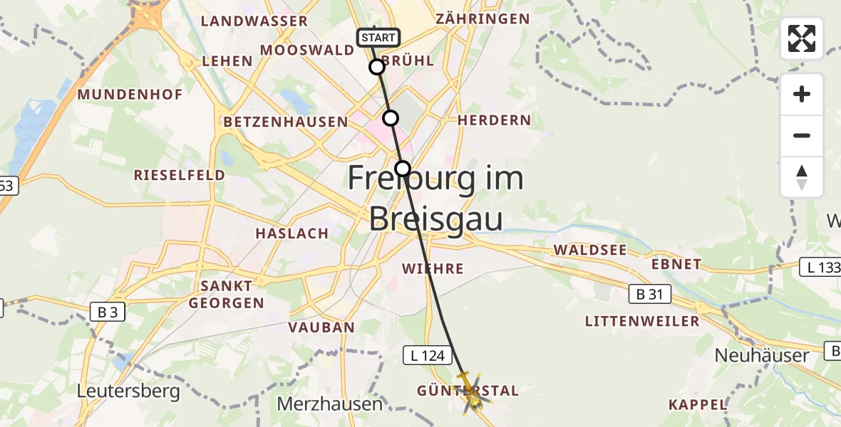 Flugroute Ambulanzhubschrauber Freiburg im Breisgau Flugplatz - Freiburg im Breisgau, 25 September 2026, 08:30