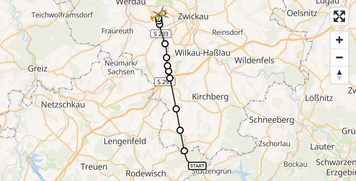 Flugroute Rettungshubschrauber Steinberg - ADAC Air Rescue Station Zwickau Hubschrauberlandeplatz, 25 September 2026, 08:32