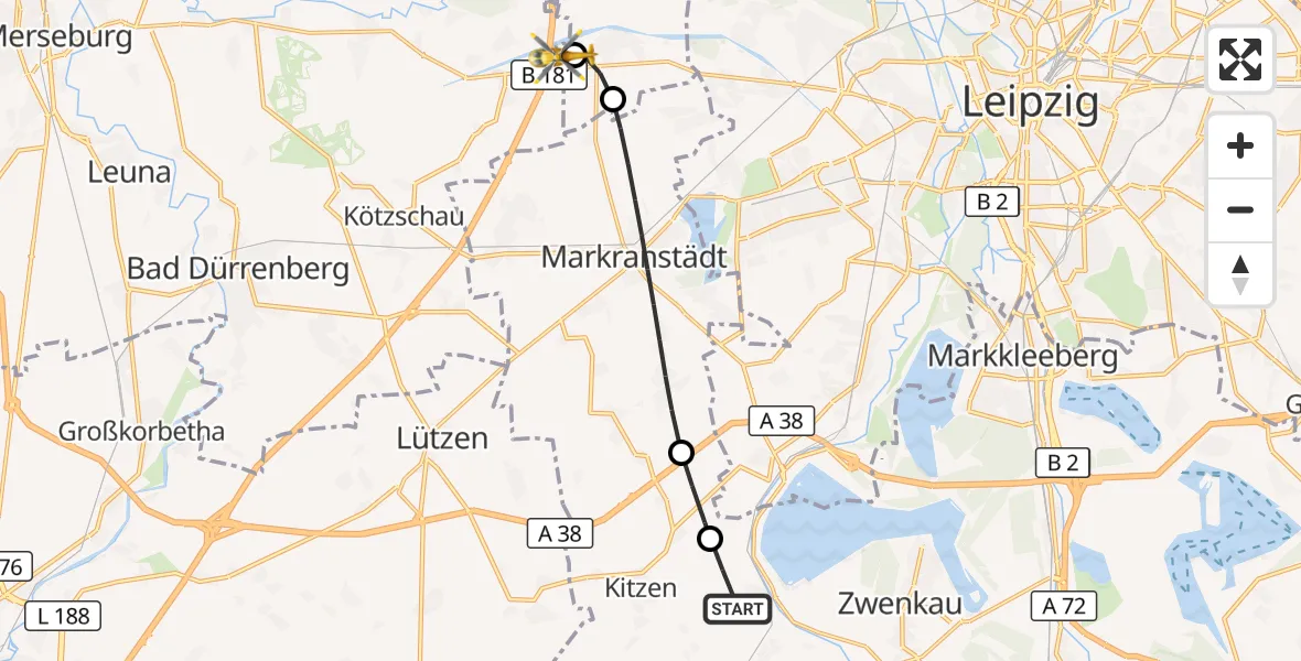 Flugroute Rettungshubschrauber Zwenkau - ADAC Air Rescue Station Leipzig/Schkeuditz-Dölzig Hubschrauberlandeplatz (Christoph 61), 25 September 2026, 08:35