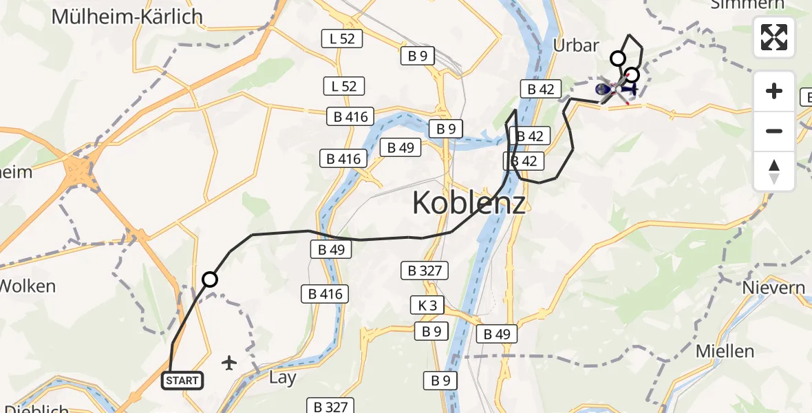 Flugroute Polizeihubschrauber Winningen - Koblenz, 25 September 2026, 08:37
