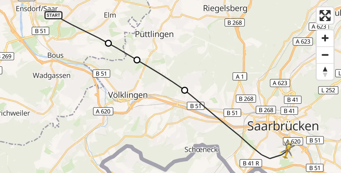 Flugroute Rettungshubschrauber Schwalbach - Saarbrücken, 25 September 2026, 08:37