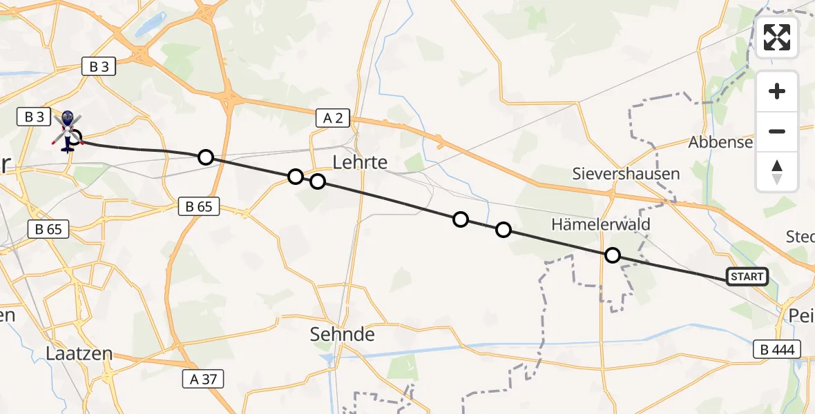 Flugroute Polizeihubschrauber Peine - Hannover Luftrettung Hubschrauberlandeplatz (Christoph 4), 25 September 2026, 08:45