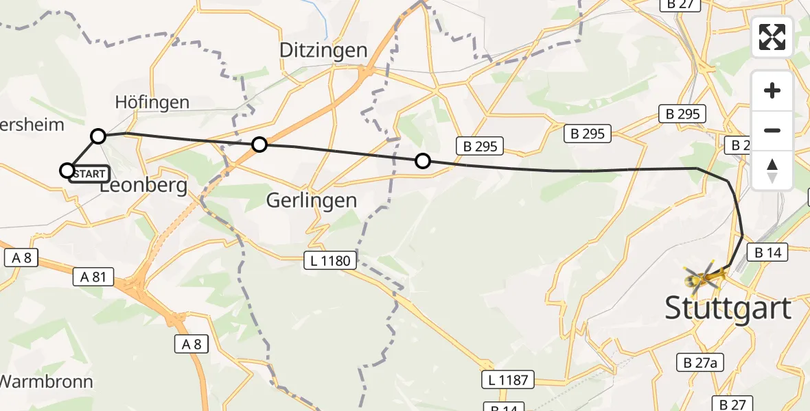 Flugroute Rettungshubschrauber Leonberg Hospital - Stuttgart, 25 September 2026, 08:52