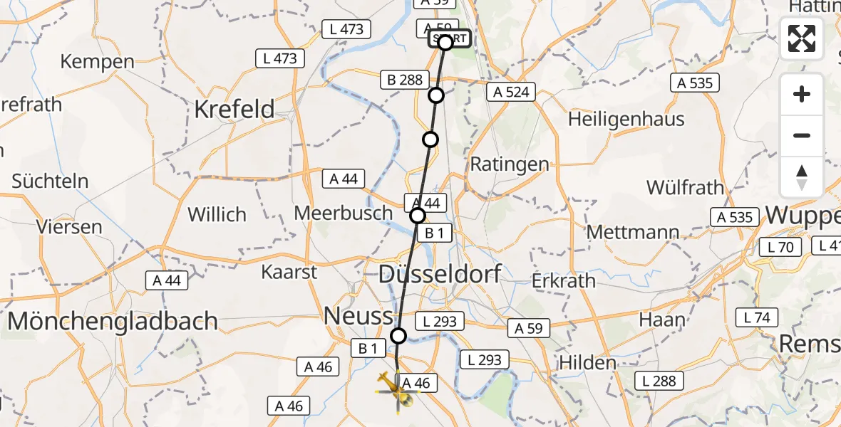 Flugroute Rettungshubschrauber Duisburg Air Rescue Hubschrauberlandeplatz (Christoph 9) - Neuss, 25 September 2026, 08:53