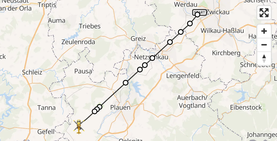 Flugroute Rettungshubschrauber ADAC Air Rescue Station Zwickau Hubschrauberlandeplatz - Weischlitz, 25 September 2026, 08:58