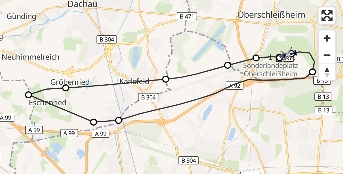 Flugroute Polizeihubschrauber Oberschleissheim Hubschrauberlandeplatz - Oberschleissheim Hubschrauberlandeplatz, 25 September 2026, 08:59
