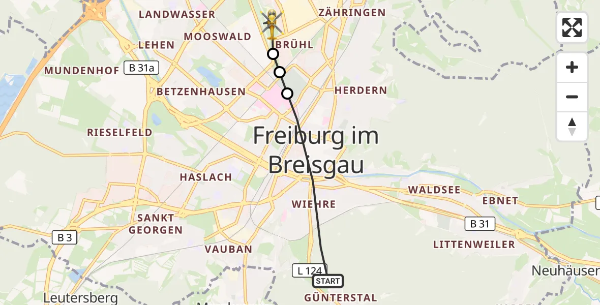 Flugroute Ambulanzhubschrauber Freiburg im Breisgau - Freiburg im Breisgau Flugplatz, 25 September 2026, 09:03