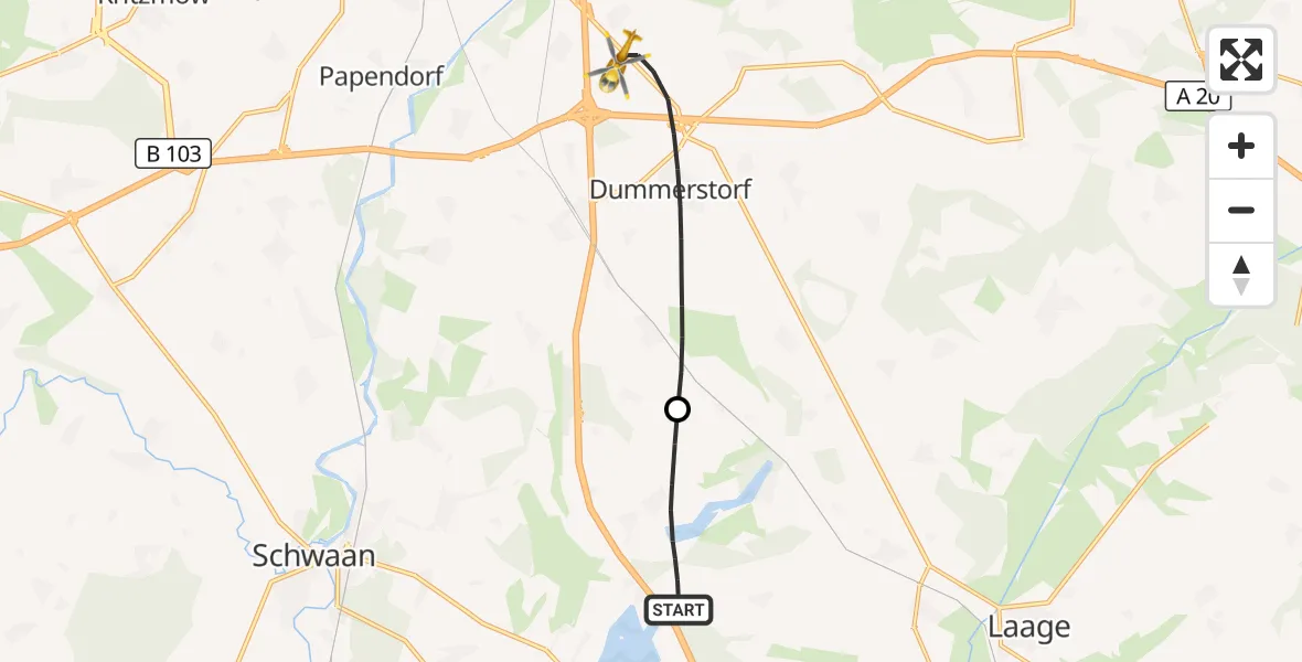 Flugroute Ambulanzhubschrauber Dolgen am See - Dummerstorf, 25 September 2026, 09:10