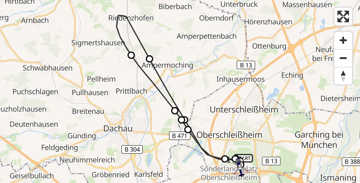 Flugroute Polizeihubschrauber Oberschleissheim Hubschrauberlandeplatz - Oberschleißheim, 25 September 2026, 09:11