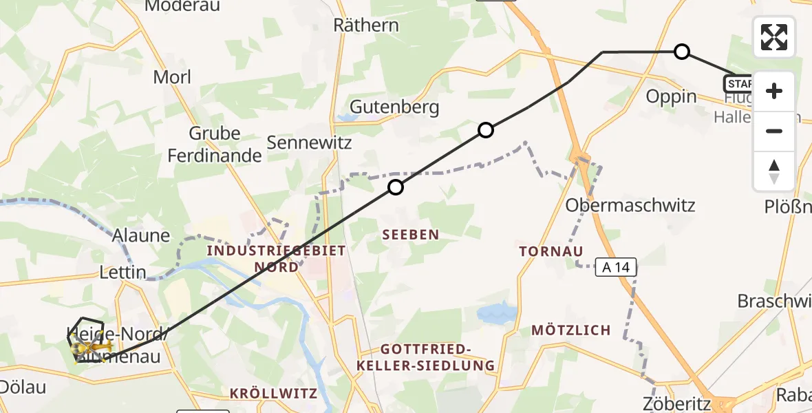 Flugroute Rettungshubschrauber Halle-Oppin Flugplatz - Halle (Saale), 25 September 2026, 09:20