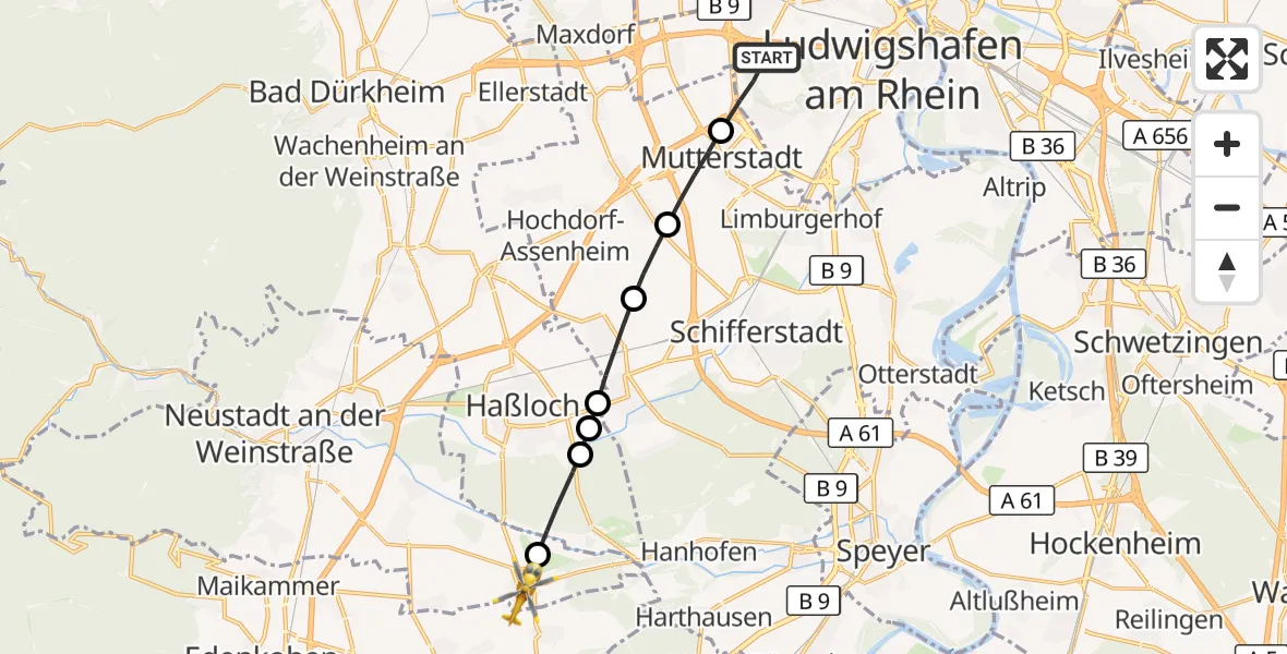 Flugroute Rettungshubschrauber Ludwigshafen am Rhein - Neustadt an der Weinstraße, 25 September 2026, 09:22