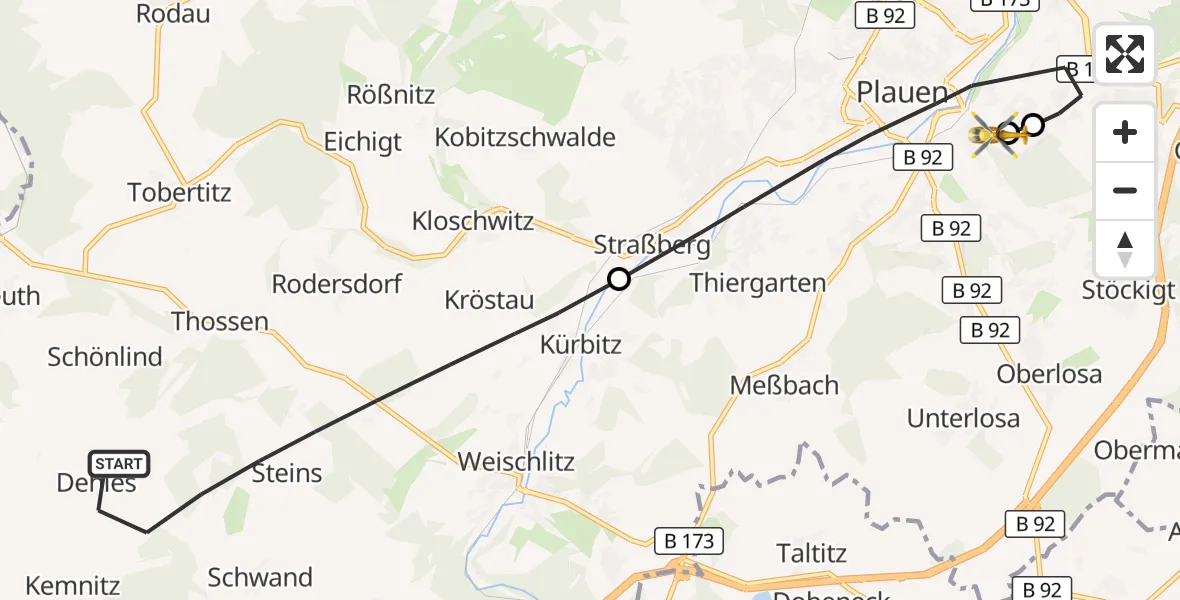 Flugroute Rettungshubschrauber Weischlitz - Helios Clinic Plauen, 25 September 2026, 09:34