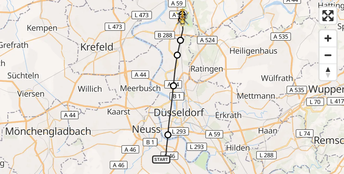Flugroute Rettungshubschrauber Neuss - Duisburg Air Rescue Hubschrauberlandeplatz (Christoph 9), 25 September 2026, 09:35