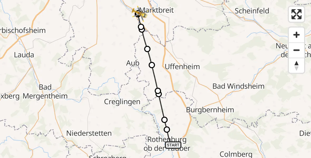 Flugroute Rettungshubschrauber Rothenburg ob der Tauber - Ochsenfurt Hospital, 25 September 2026, 09:38