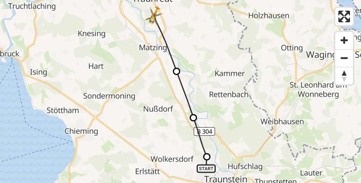Flugroute Rettungshubschrauber Traunstein Hospital - Traunreut, 25 September 2026, 09:40