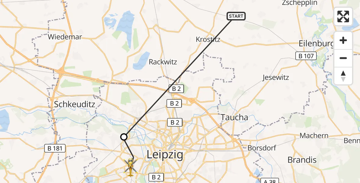 Flugroute Rettungshubschrauber Schönwölkau - Leipzig, 25 September 2026, 09:42
