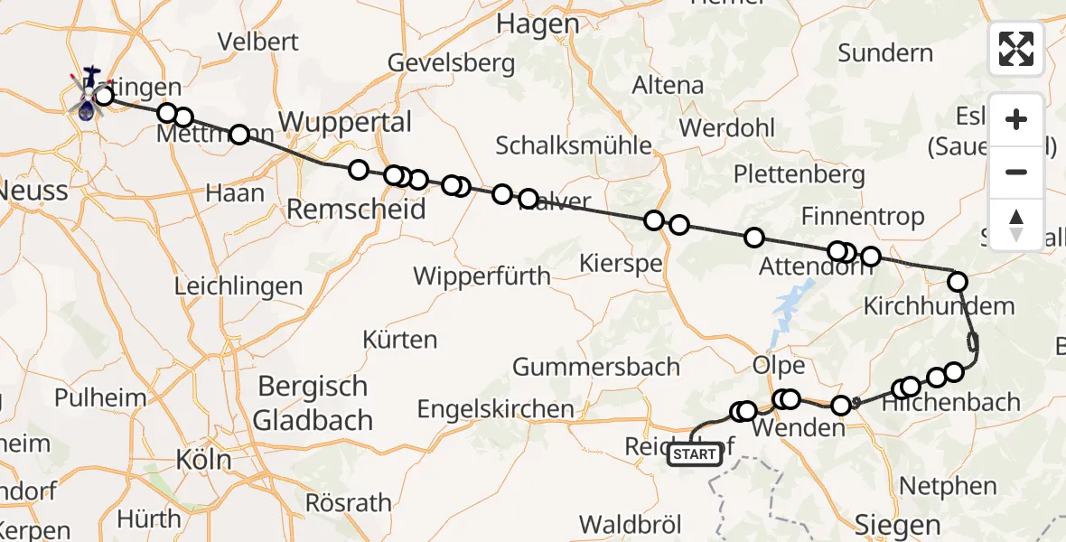 Flugroute Polizeihubschrauber Reichshof - Düsseldorf Flughafen, 25 September 2026, 09:43