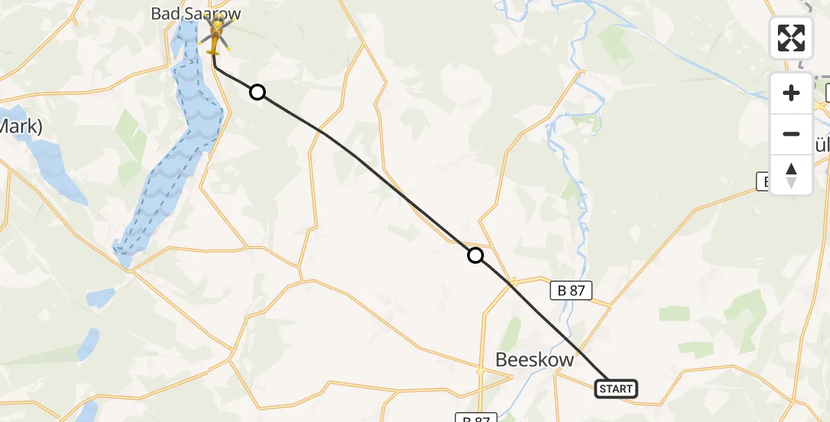 Flugroute Rettungshubschrauber Beeskow - Bad Saarow Hospital Hubschrauberlandeplatz, 25 September 2026, 09:47