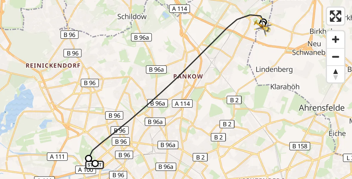 Flugroute Rettungshubschrauber Charité Clinic Virchow Campus - Helios Clinic Berlin-Buch, 25 September 2026, 09:49