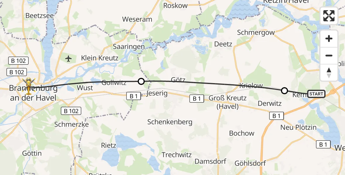 Flugroute Rettungshubschrauber Werder (Havel) - Brandenburg an der Havel, 25 September 2026, 09:50