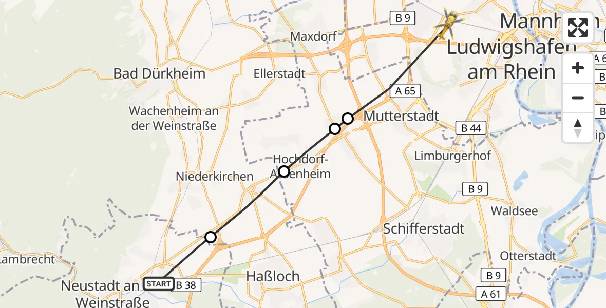 Flugroute Rettungshubschrauber Neustadt an der Weinstraße - Ludwigshafen Accident Hospital, 25 September 2026, 10:08