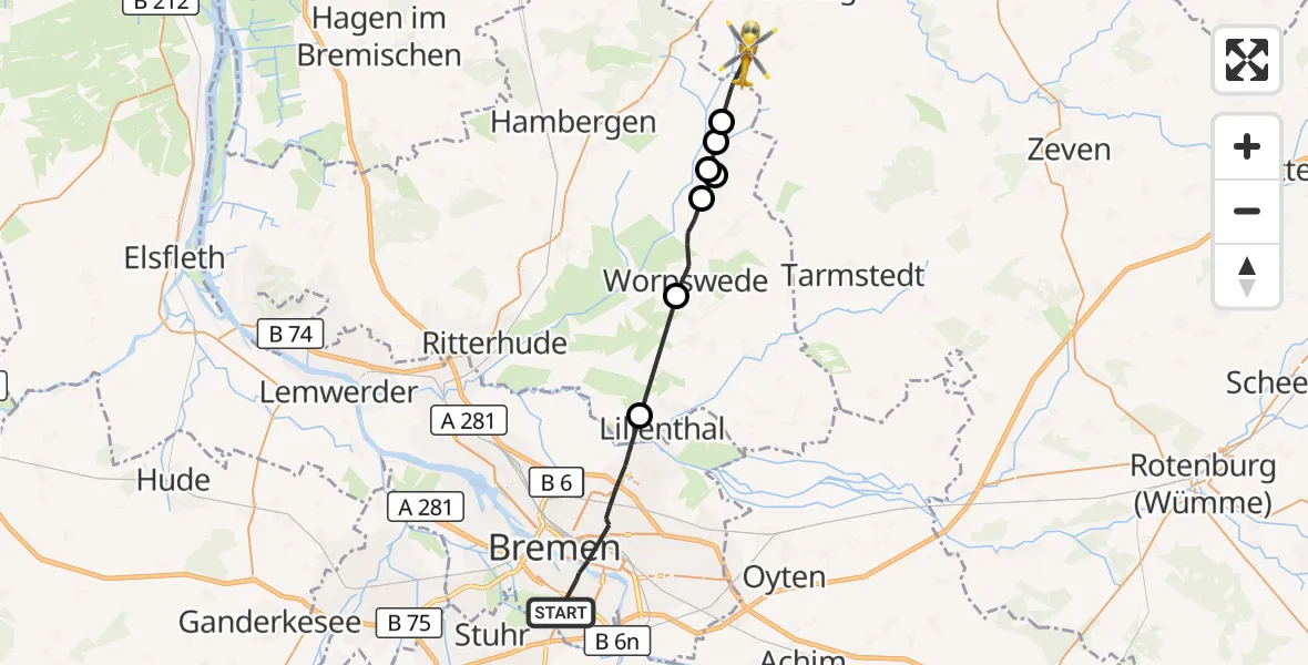 Flugroute Rettungshubschrauber Bremen - Gnarrenburg, 25 September 2026, 10:09