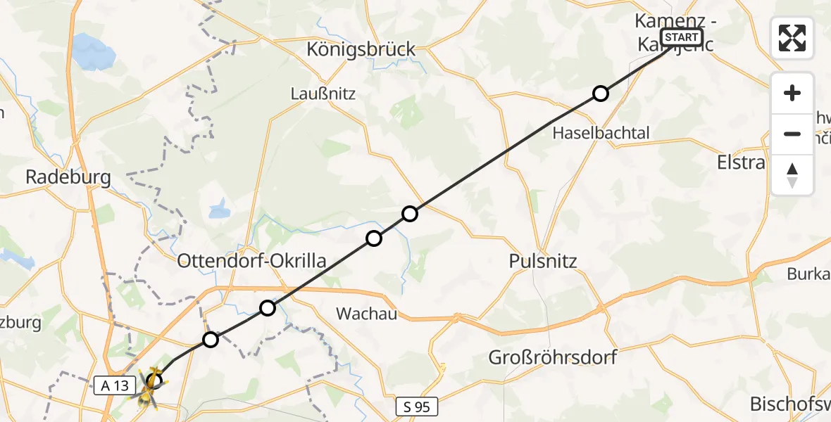 Flugroute Rettungshubschrauber Kamenz - Dresden Bundespolizei Hubschrauberlandeplatz, 25 September 2026, 10:10