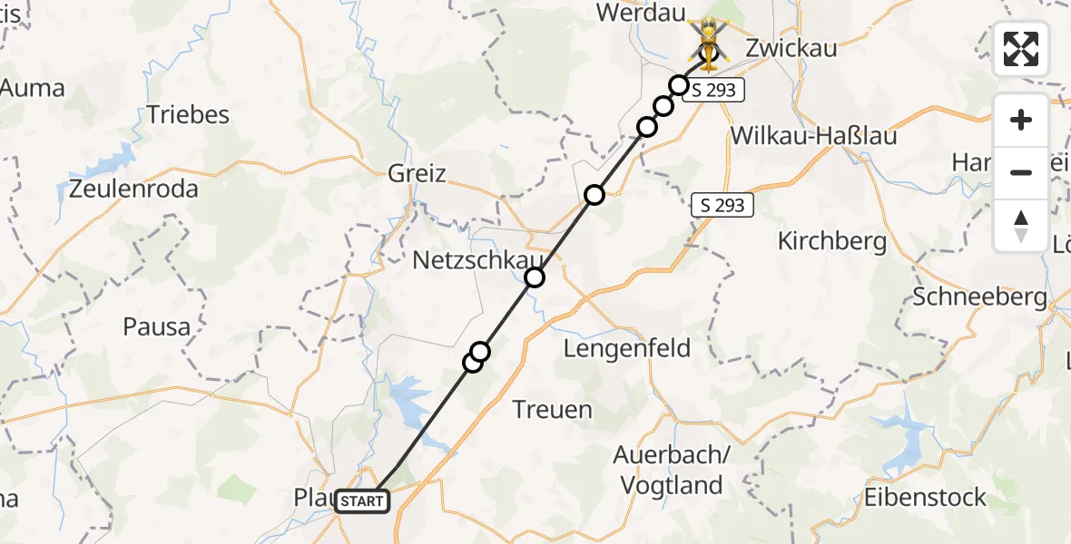 Flugroute Rettungshubschrauber Plauen - ADAC Air Rescue Station Zwickau Hubschrauberlandeplatz, 25 September 2026, 10:11
