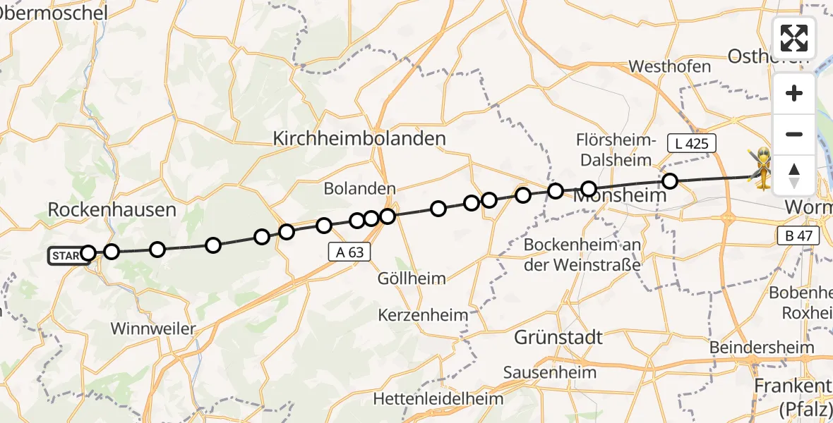 Flugroute Rettungshubschrauber Rockenhausen - Worms, 25 September 2026, 10:14