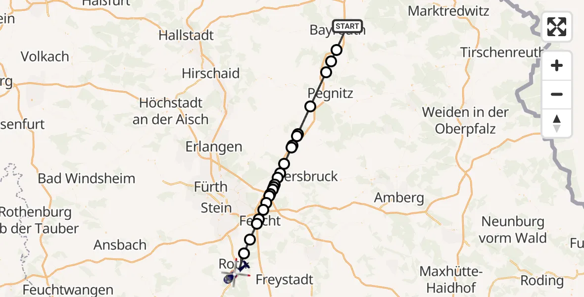 Flugroute Polizeihubschrauber Bayreuth - Roth, 25 September 2026, 10:14
