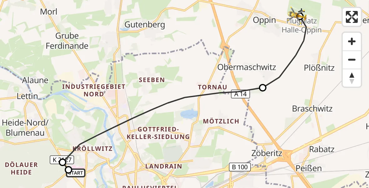 Flugroute Rettungshubschrauber Halle (Saale) University Hospital - Halle-Oppin Flugplatz, 25 September 2026, 10:16