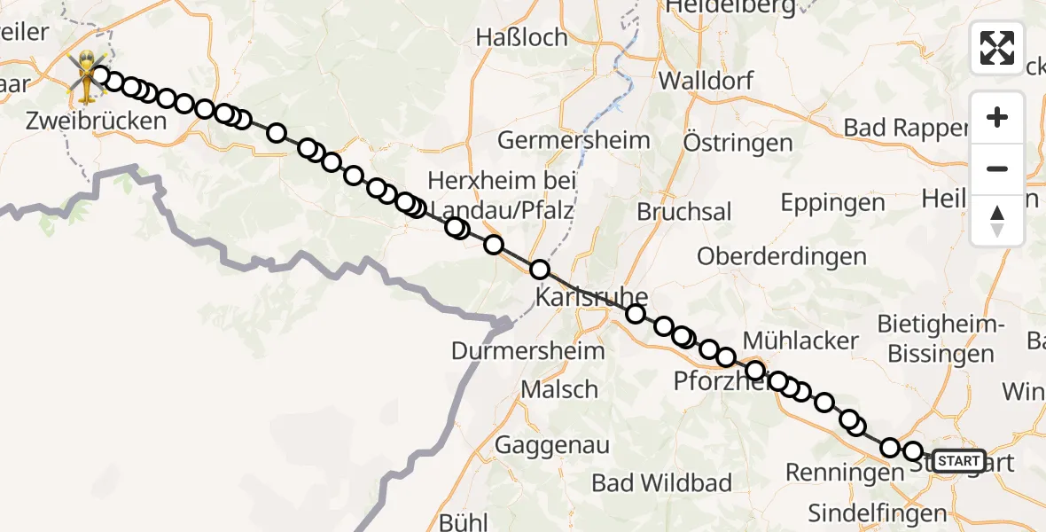 Flugroute Rettungshubschrauber Stuttgart - Homburg, 25 September 2026, 10:20