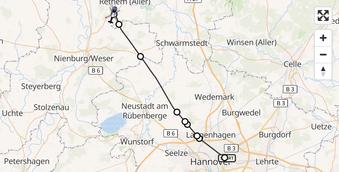 Flugroute Polizeihubschrauber Hannover Luftrettung Hubschrauberlandeplatz (Christoph 4) - Heemsen, 25 September 2026, 10:20