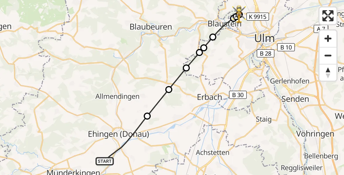 Flugroute Rettungshubschrauber Ehingen (Donau) - ADAC Air Rescue Station Ulm (Christoph 22), 25 September 2026, 10:40