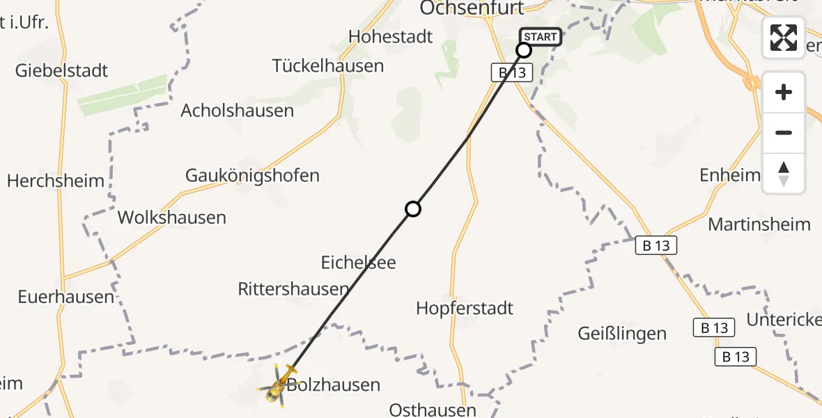 Flugroute Rettungshubschrauber Ochsenfurt Hospital - Sonderhofen, 25 September 2026, 10:43