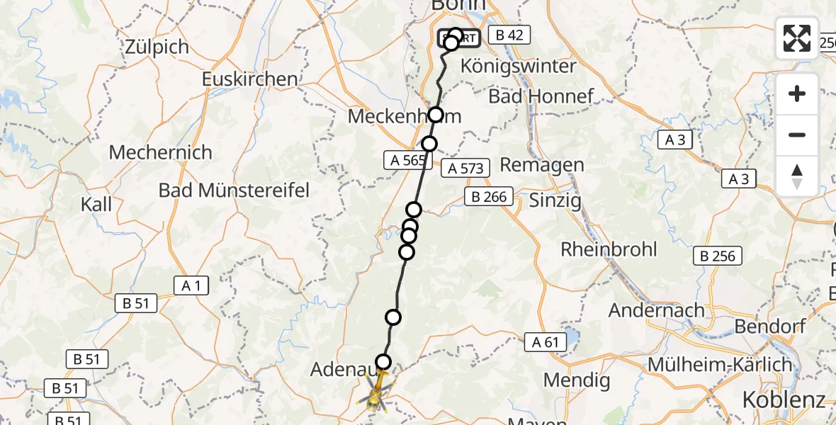 Flugroute Rettungshubschrauber Bonn University Hospital - Herschbroich, 25 September 2026, 10:50