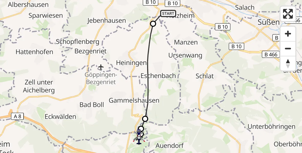 Flugroute Polizeihubschrauber Göppingen - Gruibingen-Nortel Flugplatz, 25 September 2026, 10:51